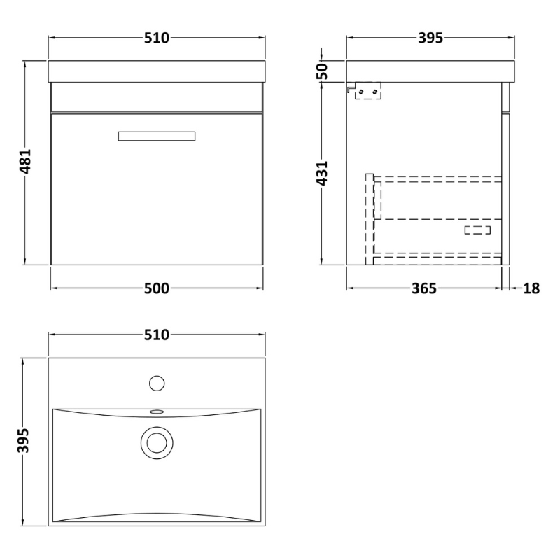 Nuie Athena Wall Hung Single Drawer Vanity With Thin-Edge 1 Tap Hole Basin (1 size, 3 colours) - Brand New Bathrooms