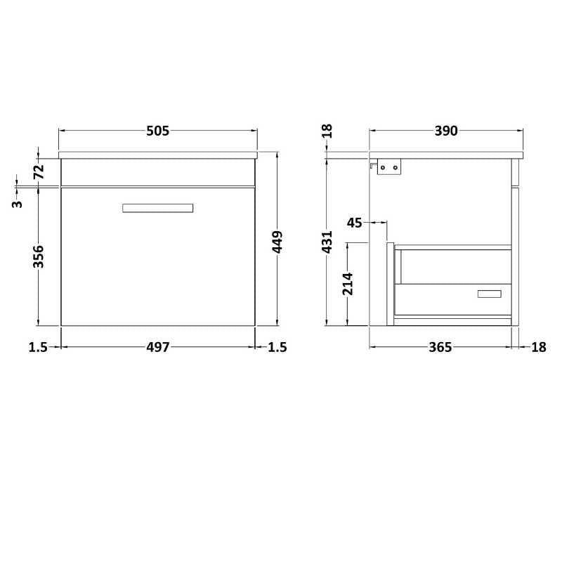 Nuie Athena Wall Hung Single Drawer Vanity With Worktop (1 size, 2 colours) - Brand New Bathrooms