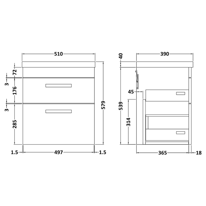 Nuie Athena Wall Hung 2 Drawer Vanity With Mid-Edge 1 Tap Hole Basin (1 size, 3 colours) - Brand New Bathrooms