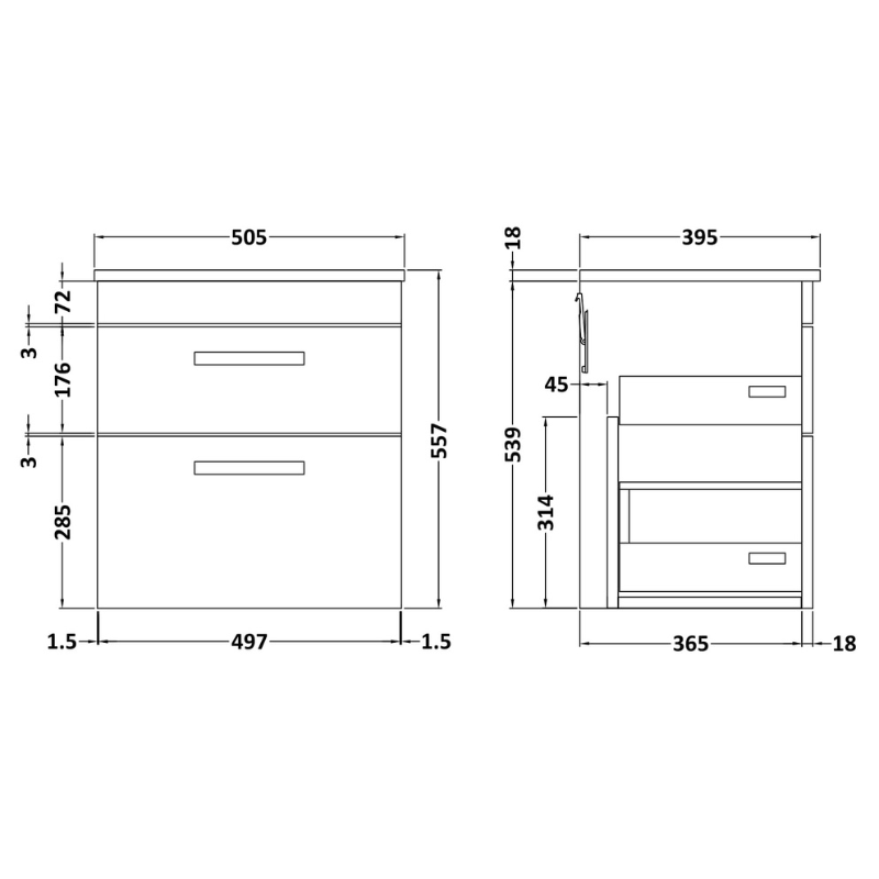 Nuie Athena Wall Hung 2 Drawer Vanity With Minimalist 1 Tap Hole Basin (1 size, 3 colours) - Brand New Bathrooms