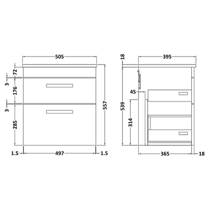 Nuie Athena Wall Hung 2 Drawer Vanity With Minimalist 1 Tap Hole Basin (1 size, 3 colours) - Brand New Bathrooms