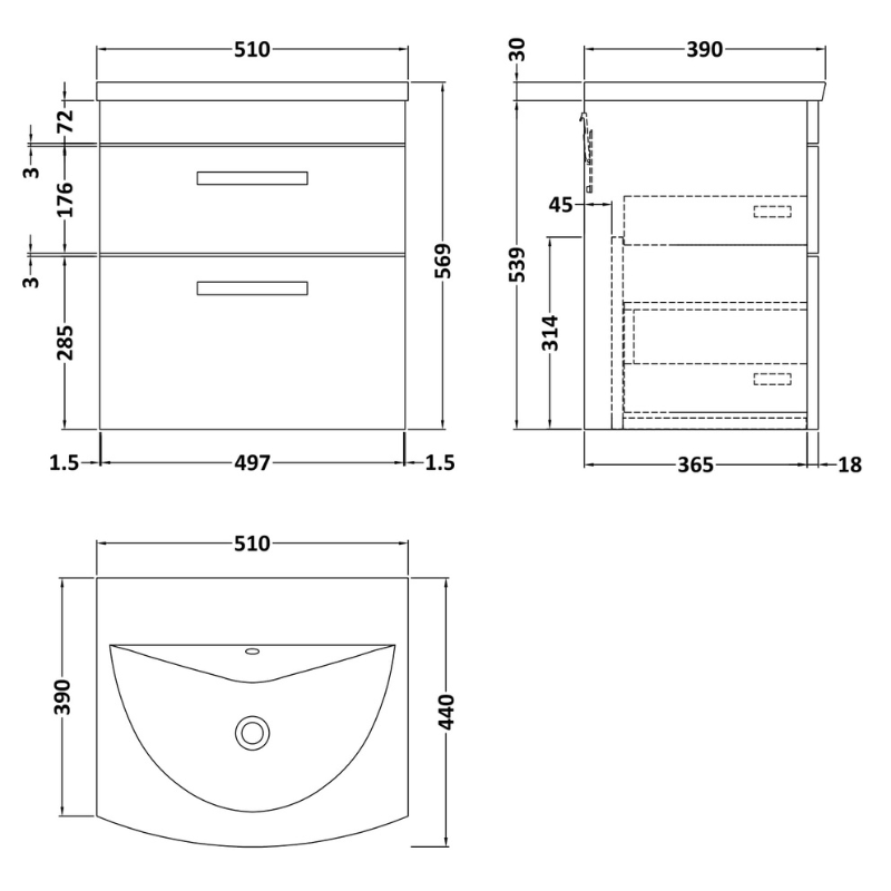 Nuie Athena Wall Hung 2 Drawer Vanity With Curved 1 Tap Hole Basin (1 size, 3 colours) - Brand New Bathrooms
