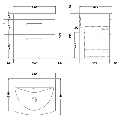 Nuie Athena Wall Hung 2 Drawer Vanity With Curved 1 Tap Hole Basin (1 size, 3 colours) - Brand New Bathrooms