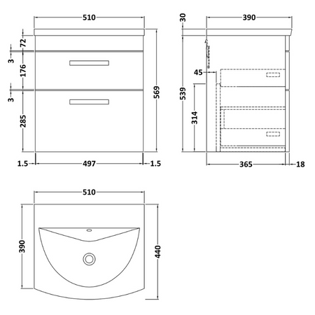 Nuie Athena Wall Hung 2 Drawer Vanity With Curved 1 Tap Hole Basin (1 size, 3 colours) - Brand New Bathrooms
