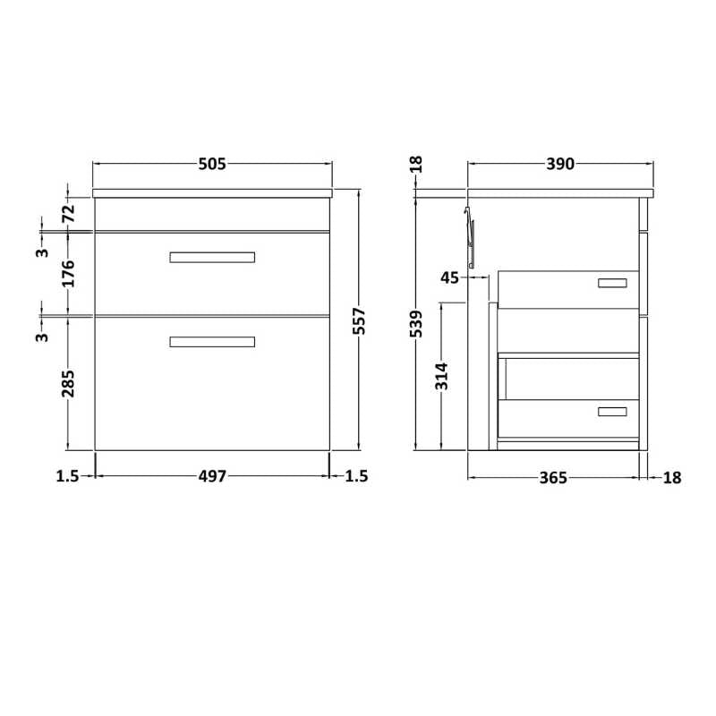Nuie Athena Wall Hung 2 Drawer Vanity With Worktop (1 size, 2 colours) - Brand New Bathrooms