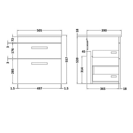 Nuie Athena Wall Hung 2 Drawer Vanity With Worktop (1 size, 2 colours) - Brand New Bathrooms