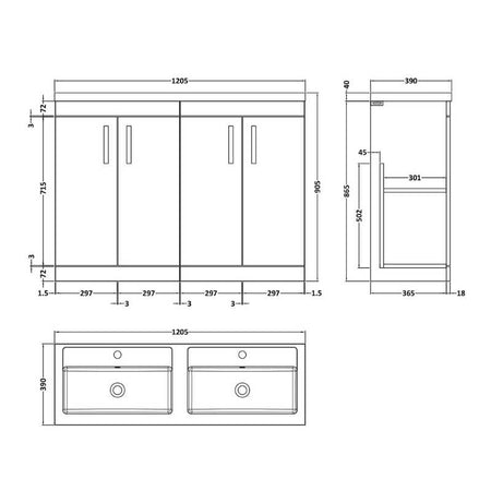 Nuie Athena Floor Standing 4 Door Vanity With Twin Basin (1 size, 2 colours) - Brand New Bathrooms