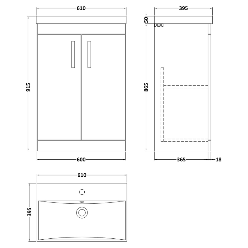 Nuie Athena 600mm Floor Standing 2 Door Vanity With Thin-Edge 1 Tap Hole Basin (1 size, 3 colours) - Brand New Bathrooms