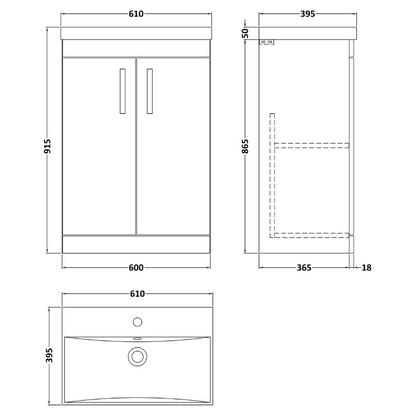 Nuie Athena 600mm Floor Standing 2 Door Vanity With Thin-Edge 1 Tap Hole Basin (1 size, 3 colours) - Brand New Bathrooms