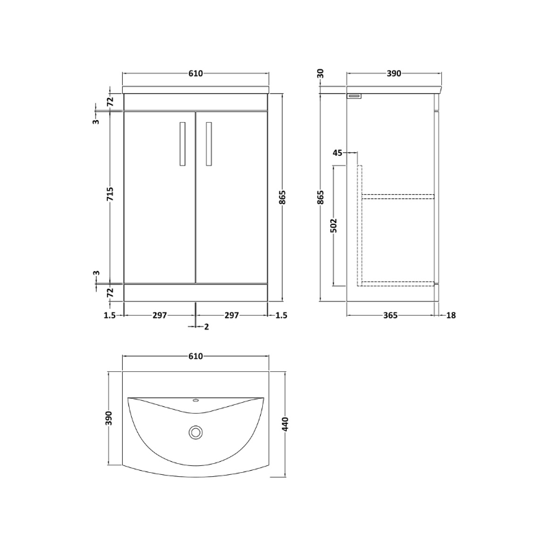 Nuie Athena 600mm Floor Standing 2 Door Vanity With Curved 1 Tap Hole Basin (1 size, 3 colours) - Brand New Bathrooms