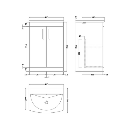 Nuie Athena 600mm Floor Standing 2 Door Vanity With Curved 1 Tap Hole Basin (1 size, 3 colours) - Brand New Bathrooms