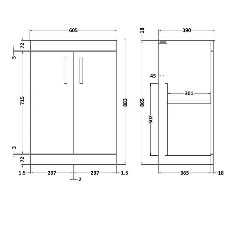 Nuie Athena Floor Standing 2 Door Vanity With Worktop (1 size, 2 colours) - Brand New Bathrooms