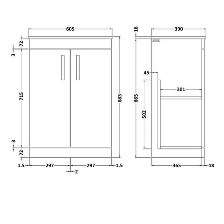 Nuie Athena Floor Standing 2 Door Vanity With Worktop (1 size, 2 colours) - Brand New Bathrooms