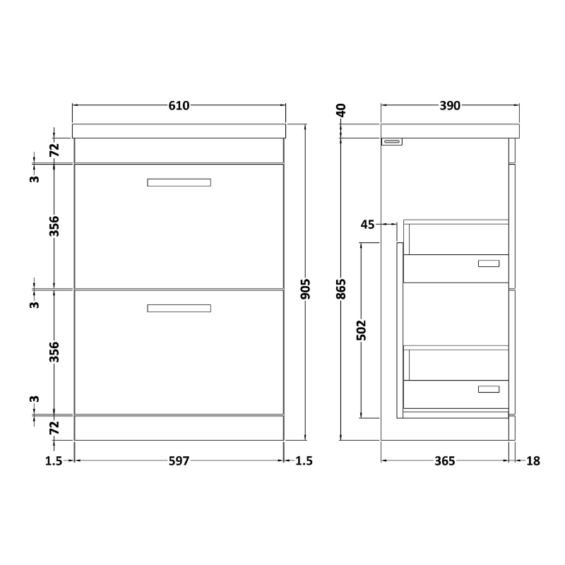 Nuie  Athena 600mm Floor Standing 2 Drawer Vanity With Mid-Edge 1 Tap Hole Basin (1 size, 3 colours) - Brand New Bathrooms
