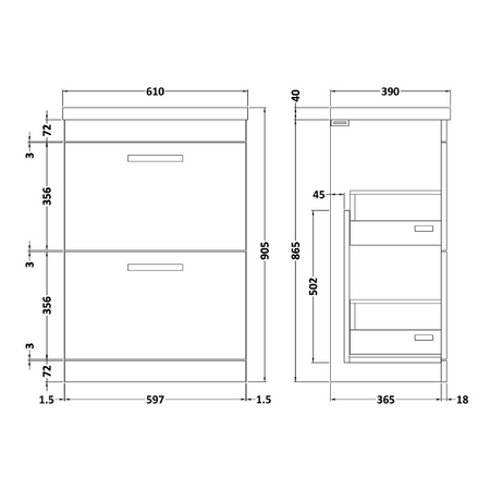Nuie  Athena 600mm Floor Standing 2 Drawer Vanity With Mid-Edge 1 Tap Hole Basin (1 size, 3 colours) - Brand New Bathrooms