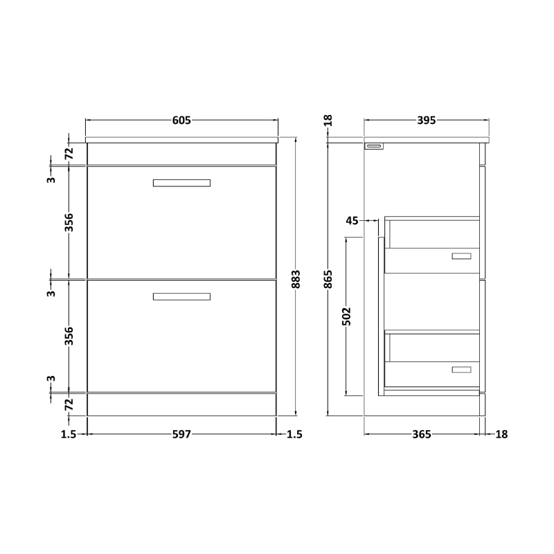 Nuie  Athena 600mm Floor Standing 2 Drawer Vanity With Minimalist 1 Tap Hole Basin (1 size, 3 colours) - Brand New Bathrooms
