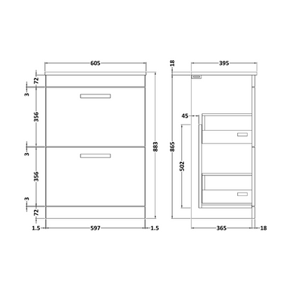 Nuie  Athena 600mm Floor Standing 2 Drawer Vanity With Minimalist 1 Tap Hole Basin (1 size, 3 colours) - Brand New Bathrooms