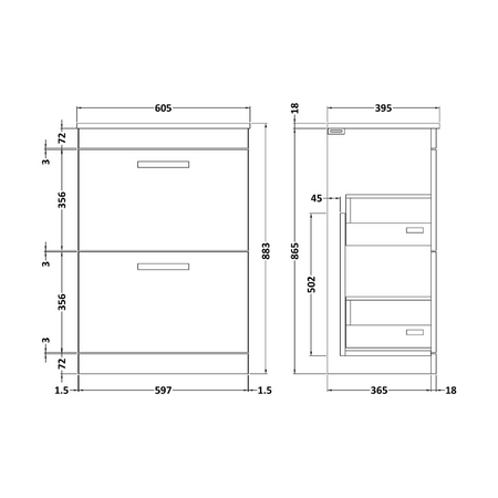 Nuie  Athena 600mm Floor Standing 2 Drawer Vanity With Minimalist 1 Tap Hole Basin (1 size, 3 colours) - Brand New Bathrooms