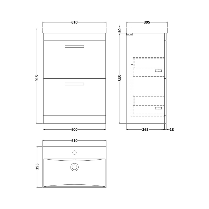 Nuie  Athena 600mm Floor Standing 2 Drawer Vanity With Thin-Edge 1 Tap Hole Basin (1 size, 3 colours) - Brand New Bathrooms