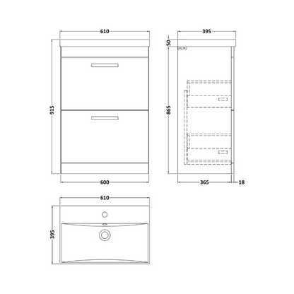 Nuie  Athena 600mm Floor Standing 2 Drawer Vanity With Thin-Edge 1 Tap Hole Basin (1 size, 3 colours) - Brand New Bathrooms
