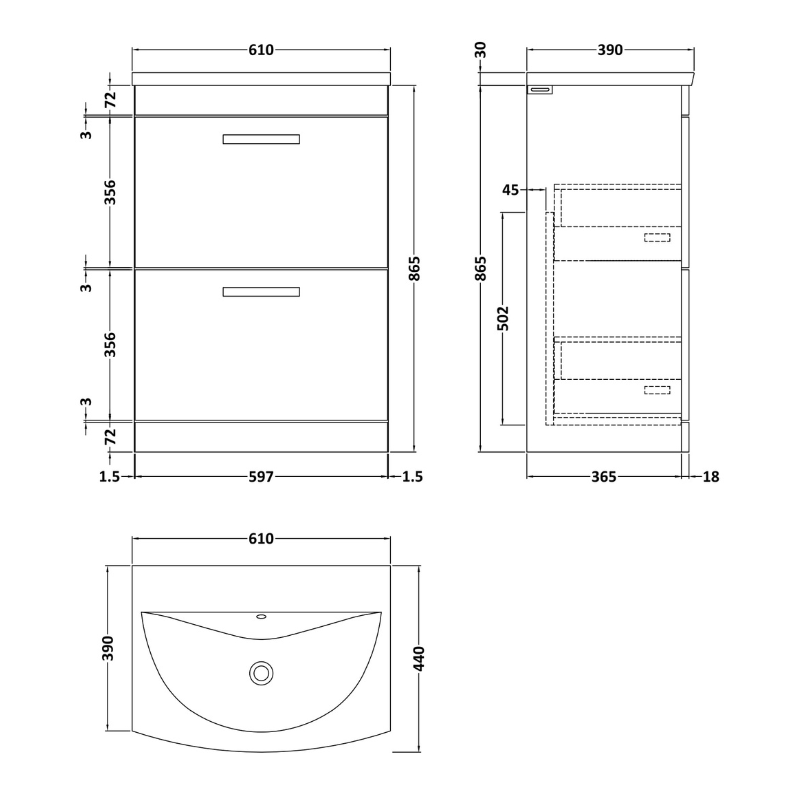 Nuie  Athena 600mm Floor Standing 2 Drawer Vanity With Curved 1 Tap Hole Basin (1 size, 3 colours) - Brand New Bathrooms