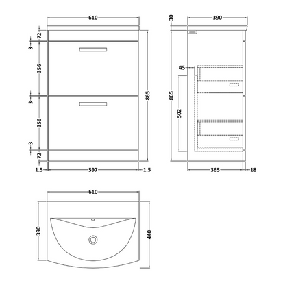 Nuie  Athena 600mm Floor Standing 2 Drawer Vanity With Curved 1 Tap Hole Basin (1 size, 3 colours) - Brand New Bathrooms