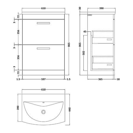 Nuie  Athena 600mm Floor Standing 2 Drawer Vanity With Curved 1 Tap Hole Basin (1 size, 3 colours) - Brand New Bathrooms