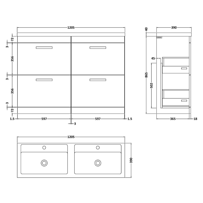 Nuie Athena Floor Standing 4 Drawer Vanity With Twin Polymarble Basin (2 sizes, Charcoal Black) - Brand New Bathrooms