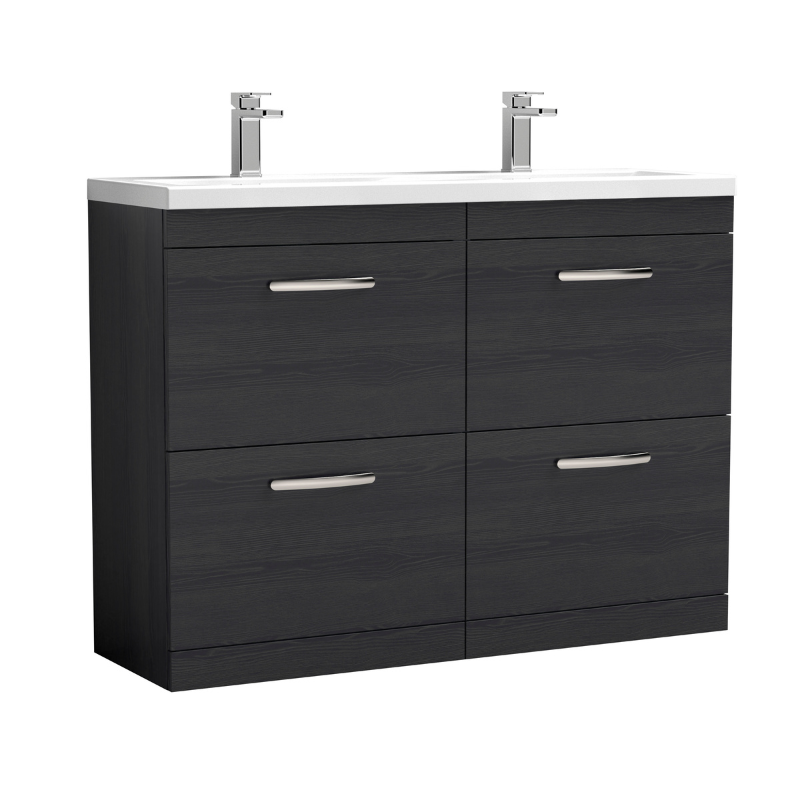 Nuie Athena Floor Standing 4 Drawer Vanity With Twin Polymarble Basin (2 sizes, Charcoal Black) - Brand New Bathrooms