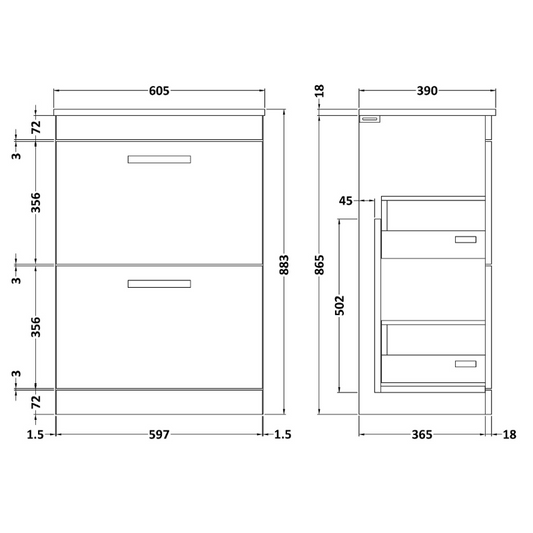 Nuie Arno 600mm Wall Hung 2-Door Vanity & Laminate Worktop (1 size, Charcoal Black) - Brand New Bathrooms