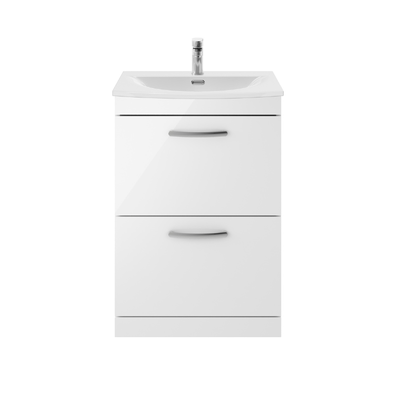Nuie  Athena 600mm Floor Standing 2 Drawer Vanity With Curved 1 Tap Hole Basin (1 size, 3 colours) - Brand New Bathrooms