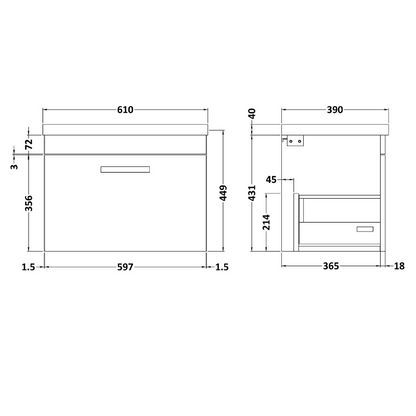 Nuie Athena 600mm Wall Hung Single Drawer Vanity With Mid-Edge 1 Tap Hole Basin (1 size, 3 colours) - Brand New Bathrooms