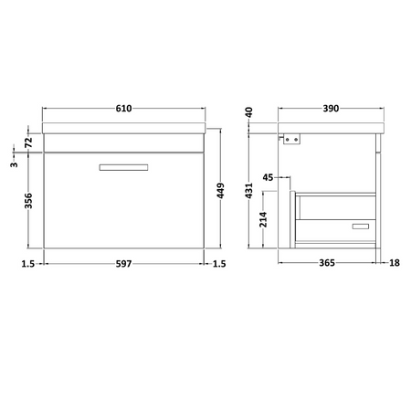Nuie Athena 600mm Wall Hung Single Drawer Vanity With Mid-Edge 1 Tap Hole Basin (1 size, 3 colours) - Brand New Bathrooms