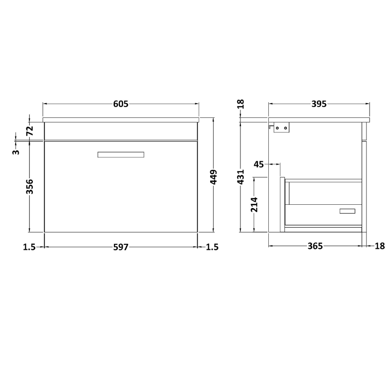 Nuie Athena 600mm Wall Hung Single Drawer Vanity With Minimalist 1 Tap Hole Basin (1 size, 3 colours) - Brand New Bathrooms