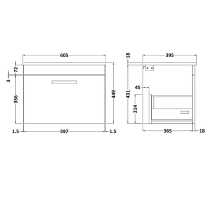 Nuie Athena 600mm Wall Hung Single Drawer Vanity With Minimalist 1 Tap Hole Basin (1 size, 3 colours) - Brand New Bathrooms