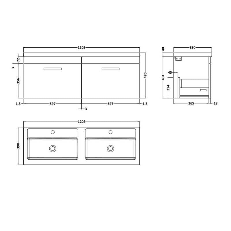 Nuie Athena Wall Hung Cabinet With Double Ceramic Basin (1 size, 2 colours) - Brand New Bathrooms