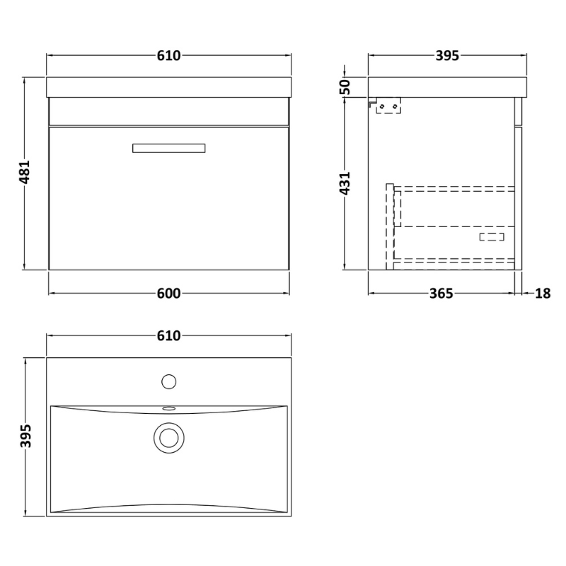 Nuie Athena 600mm Wall Hung Single Drawer Vanity With Thin-Edge 1 Tap Hole Basin (1 size, 3 colours) - Brand New Bathrooms