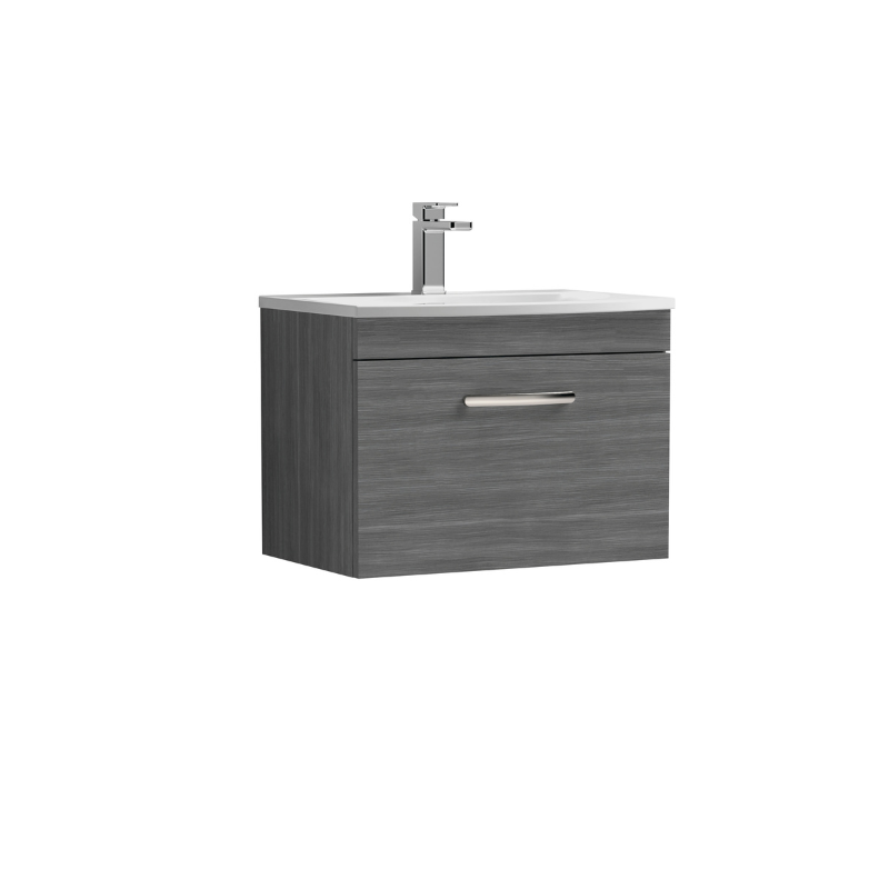 Nuie Athena 600mm Wall Hung Single Drawer Vanity With Curved 1 Tap Hole Basin (1 size, 3 colours) - Brand New Bathrooms