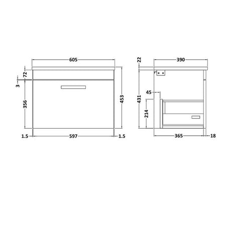 Nuie Athena Wall Hung Single Drawer Vanity With Grey Worktop (1 size,2 colours) - Brand New Bathrooms
