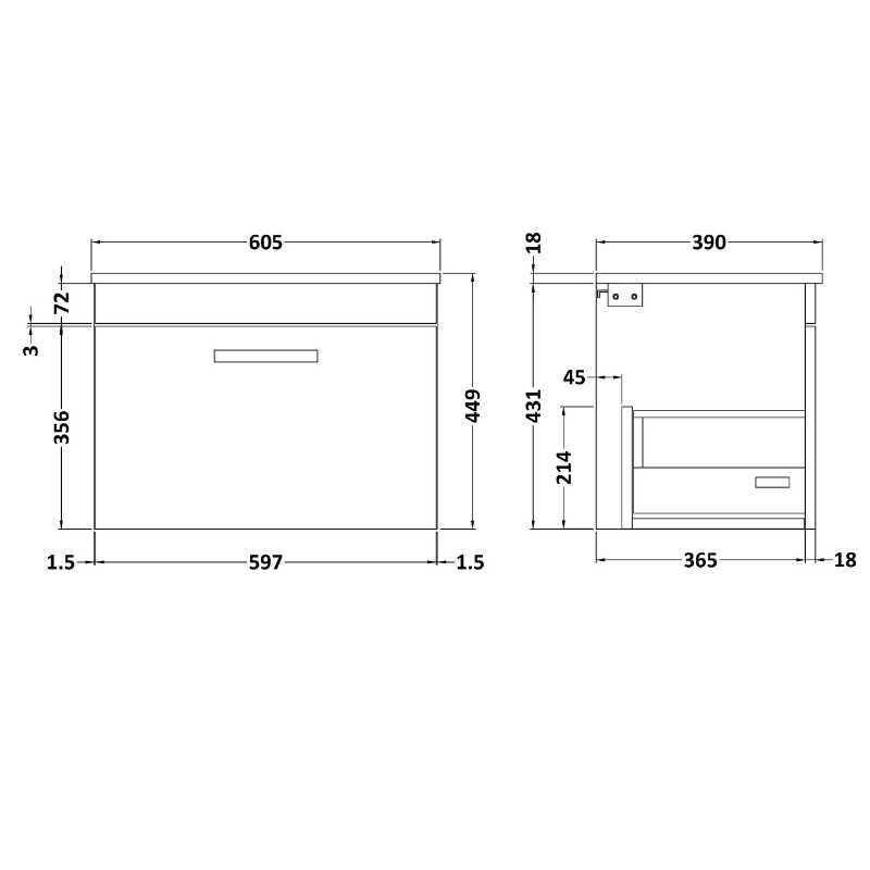 Nuie Athena Wall Hung Single Drawer Vanity With Worktop (1 size,2 colours) - Brand New Bathrooms