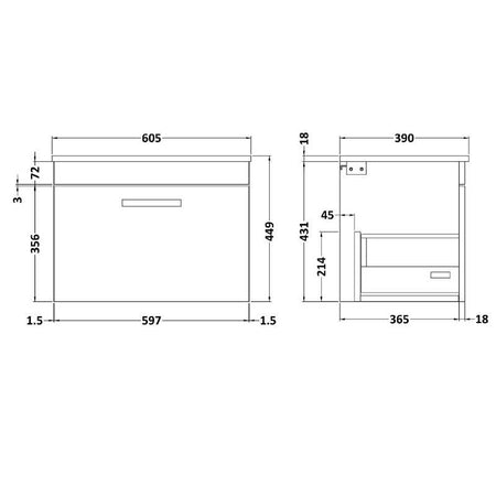 Nuie Athena Wall Hung Single Drawer Vanity With Worktop (1 size,2 colours) - Brand New Bathrooms