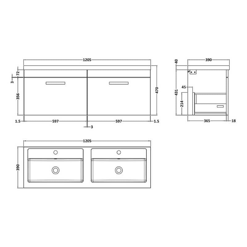 Nuie Athena Wall Hung Cabinet With Double Basin (1 size, 2 colours) - Brand New Bathrooms
