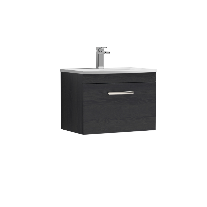 Nuie Athena 600mm Wall Hung Single Drawer Vanity With Curved 1 Tap Hole Basin (1 size, 3 colours) - Brand New Bathrooms