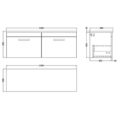 Nuie Athena 1200mm Wall Hung 2-Drawer Vanity & Laminate Worktop (1 size, Charcoal Black) - Brand New Bathrooms