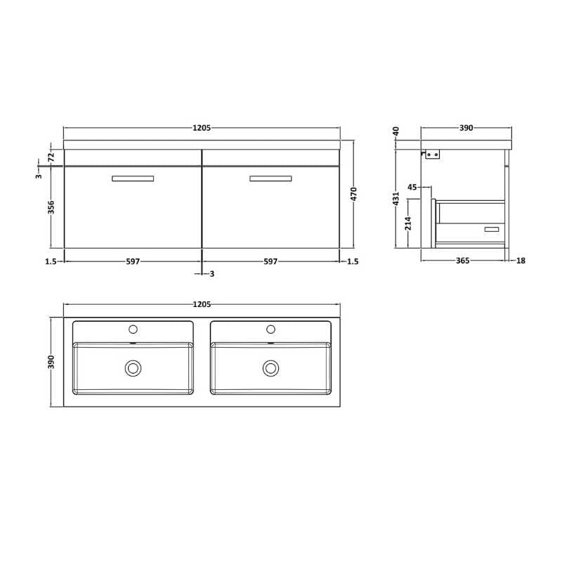 Nuie Athena Wall Hung 2 Drawer Vanity With Twin Polymarble Basin (1 size, Gloss White) - Brand New Bathrooms