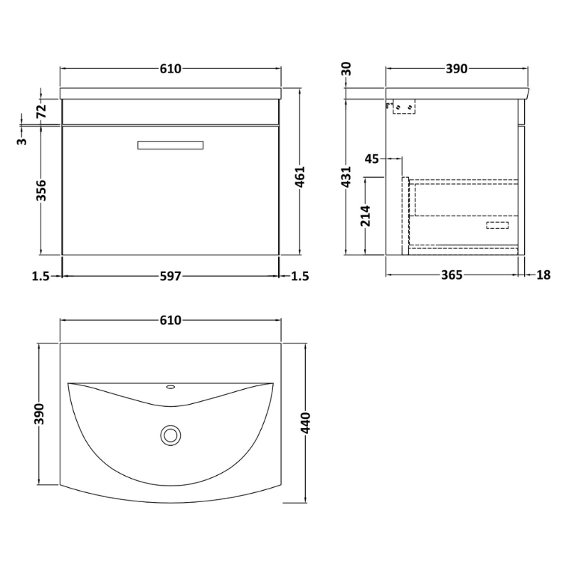 Nuie Athena 600mm Wall Hung Single Drawer Vanity With Curved 1 Tap Hole Basin (1 size, 3 colours) - Brand New Bathrooms