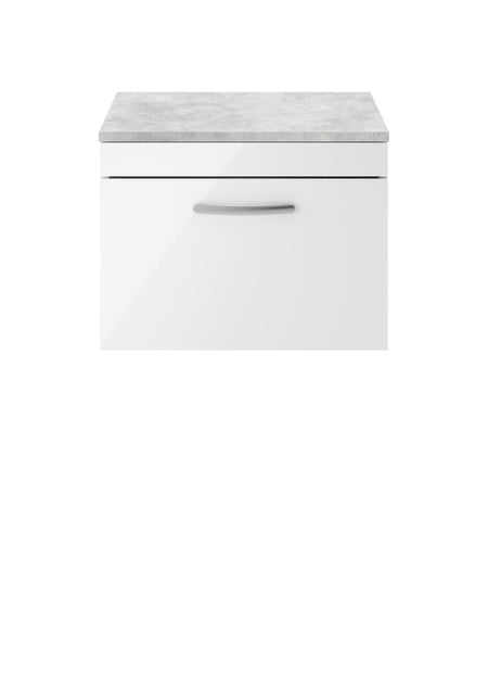 Nuie Athena Wall Hung Single Drawer Vanity With Grey Worktop (1 size, Gloss White) - Brand New Bathrooms