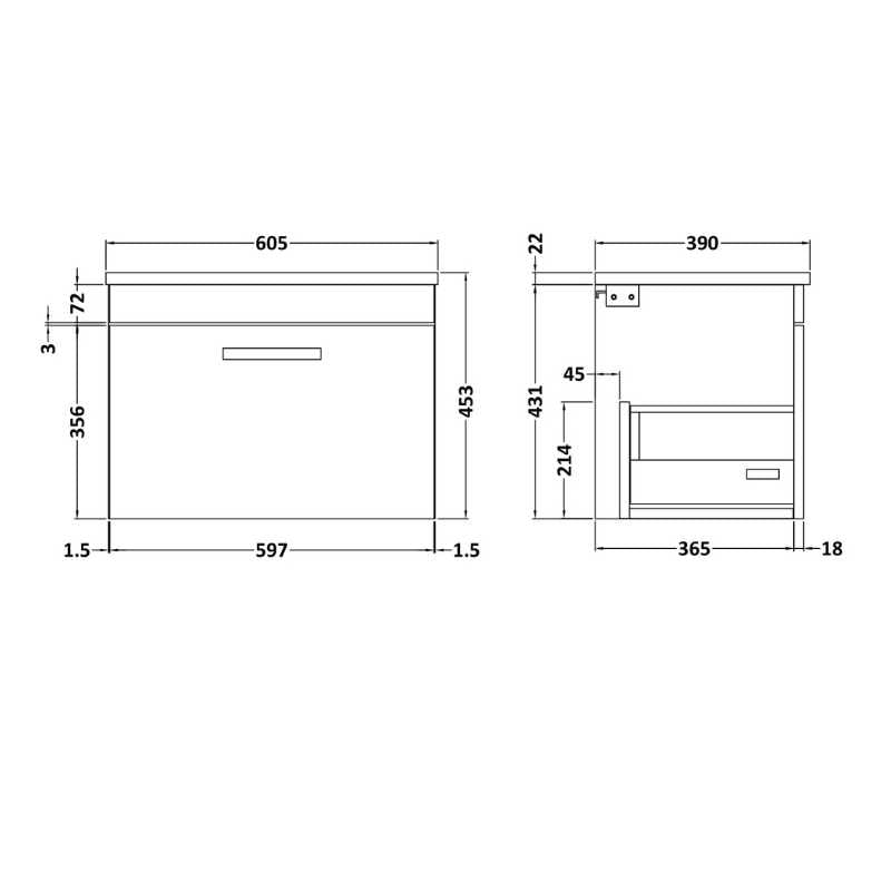 Nuie Athena Wall Hung Single Drawer Vanity With Grey Worktop (1 size, Gloss White) - Brand New Bathrooms