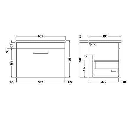 Nuie Athena Wall Hung Single Drawer Vanity With Grey Worktop (1 size, Gloss White) - Brand New Bathrooms
