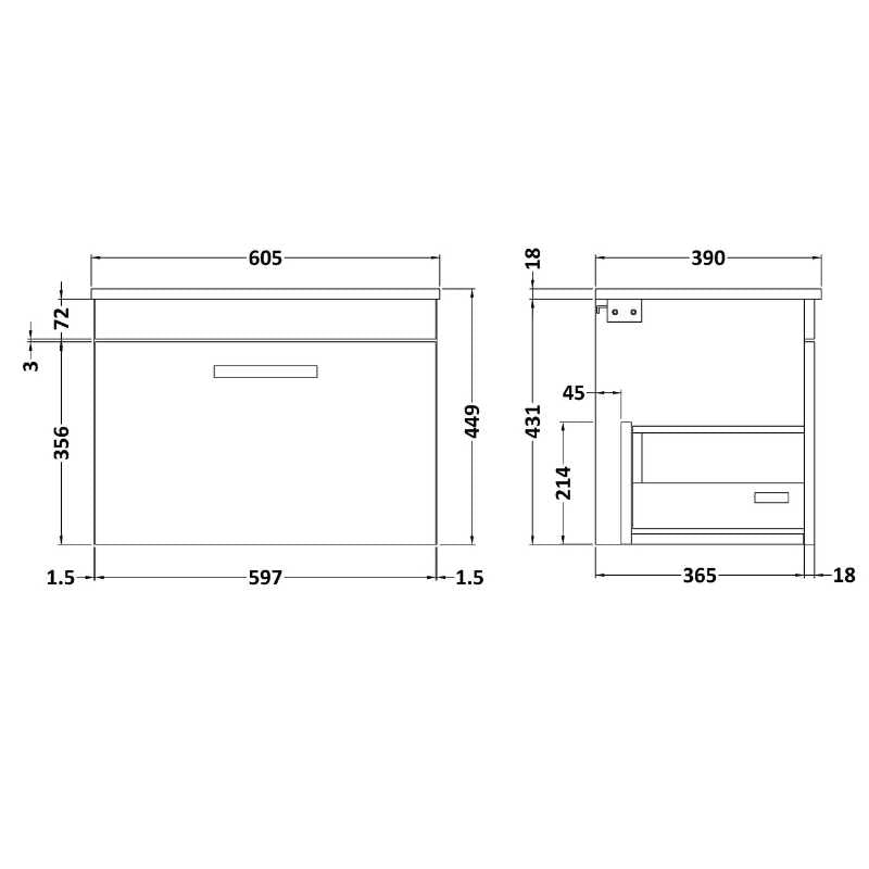 Nuie Athena Wall Hung Single Drawer Vanity With Worktop (1 size, Gloss White) - Brand New Bathrooms